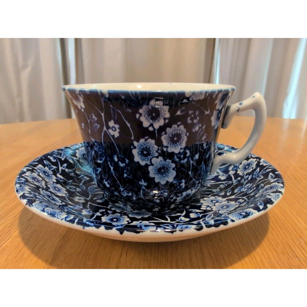 Vtg Burleigh Staffordshire England Calico Blue Cup & Saucer China Cottagecore